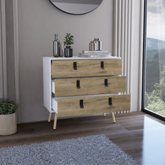 Dresser 29"H, 3 Drawers Dresser with Handles and Wooden Legs, White / Macadamia