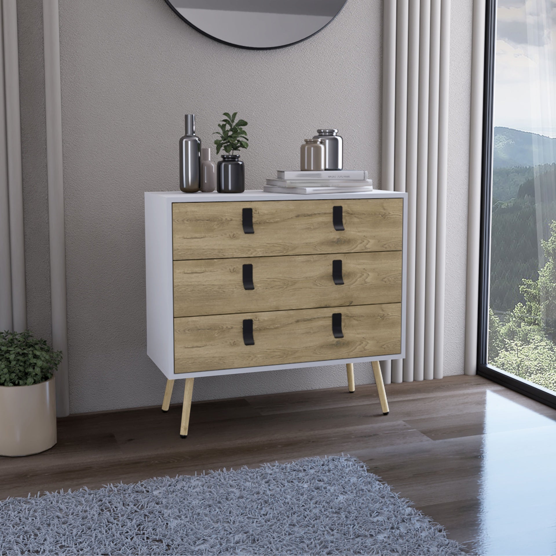 Dresser 29"H, 3 Drawers Dresser with Handles and Wooden Legs, White / Macadamia