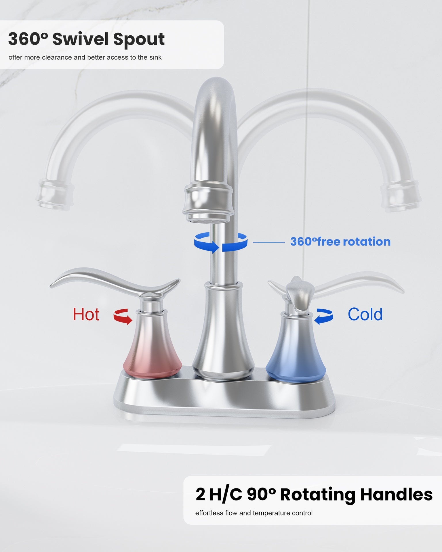 Bathroom Faucet Chrome with Pop-up Drain & Supply Hoses 2-Handle 360 Degree High Arc Swivel Spout Centerset 4 Inch Vanity Sink Faucet