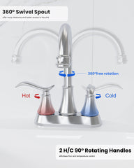Bathroom Faucet Chrome with Pop-up Drain & Supply Hoses 2-Handle 360 Degree High Arc Swivel Spout Centerset 4 Inch Vanity Sink Faucet