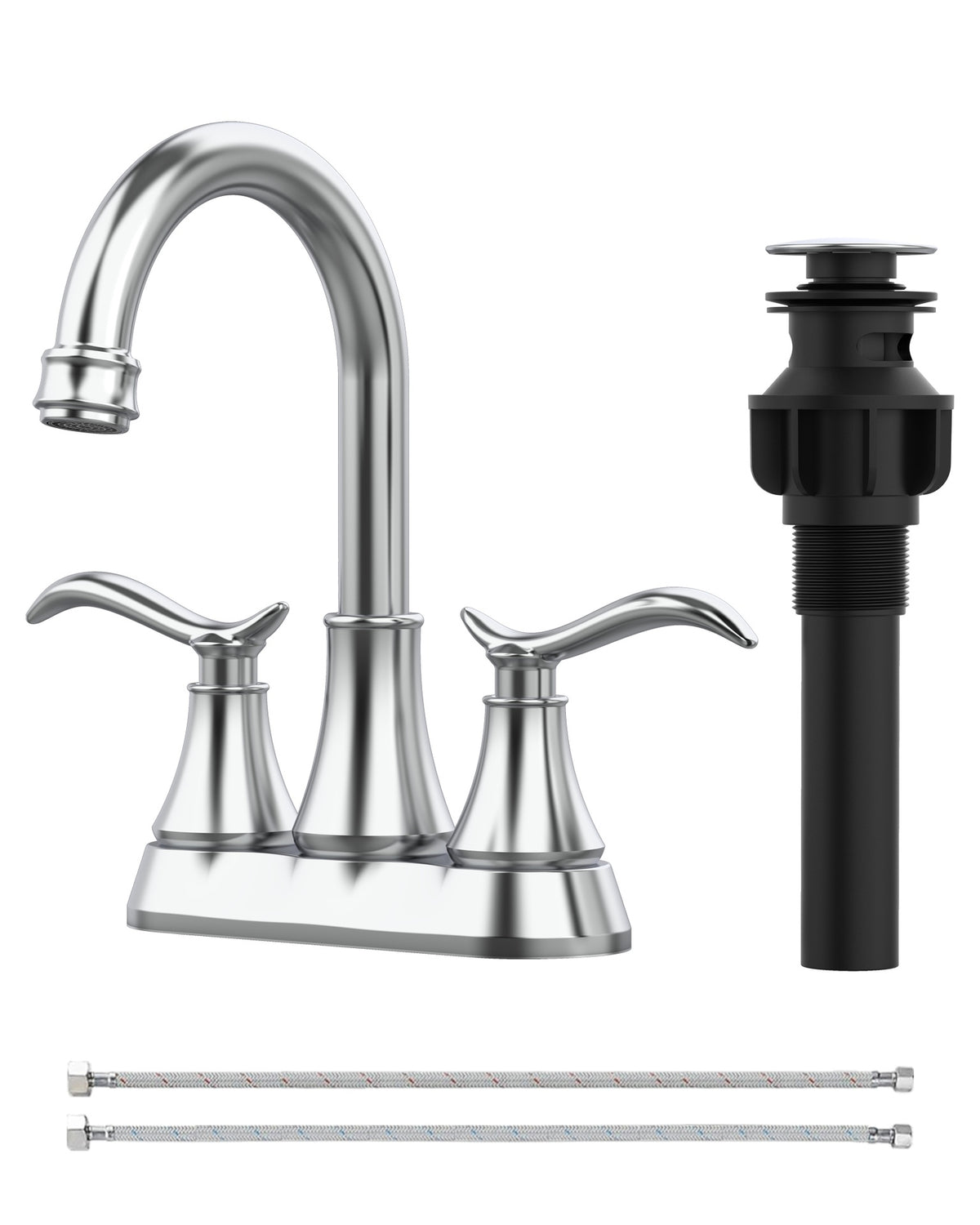 Bathroom Faucet Chrome with Pop-up Drain & Supply Hoses 2-Handle 360 Degree High Arc Swivel Spout Centerset 4 Inch Vanity Sink Faucet