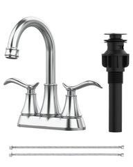 Bathroom Faucet Chrome with Pop-up Drain & Supply Hoses 2-Handle 360 Degree High Arc Swivel Spout Centerset 4 Inch Vanity Sink Faucet