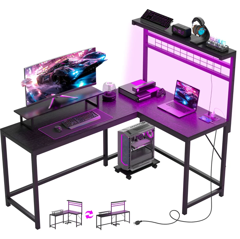 Gaming Desk with Monitor Stand and CPU Shelf,L Shaped Gaming Desk with Power Outlets & LED Lights