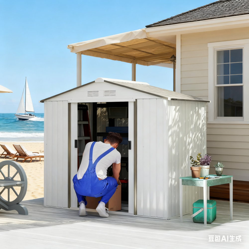 Garden Shed  white Garden Storage Shed with Foundation Kit, 4 Vents and 2 Easy Sliding Doors for Backyard, Patio, Garage, Lawn