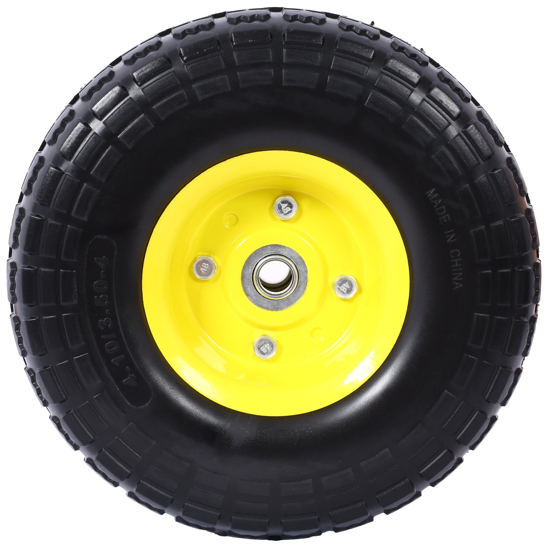 Heavy-Duty Flat free PU foam Tire and Wheel - 4.10/3.50-4",  10" Diameter, 5/8" Axle Bore Hole, 2.2" Offset Hub and Double Sealed Bearings for Hand Trucks Replacement, Black color with yellow rim