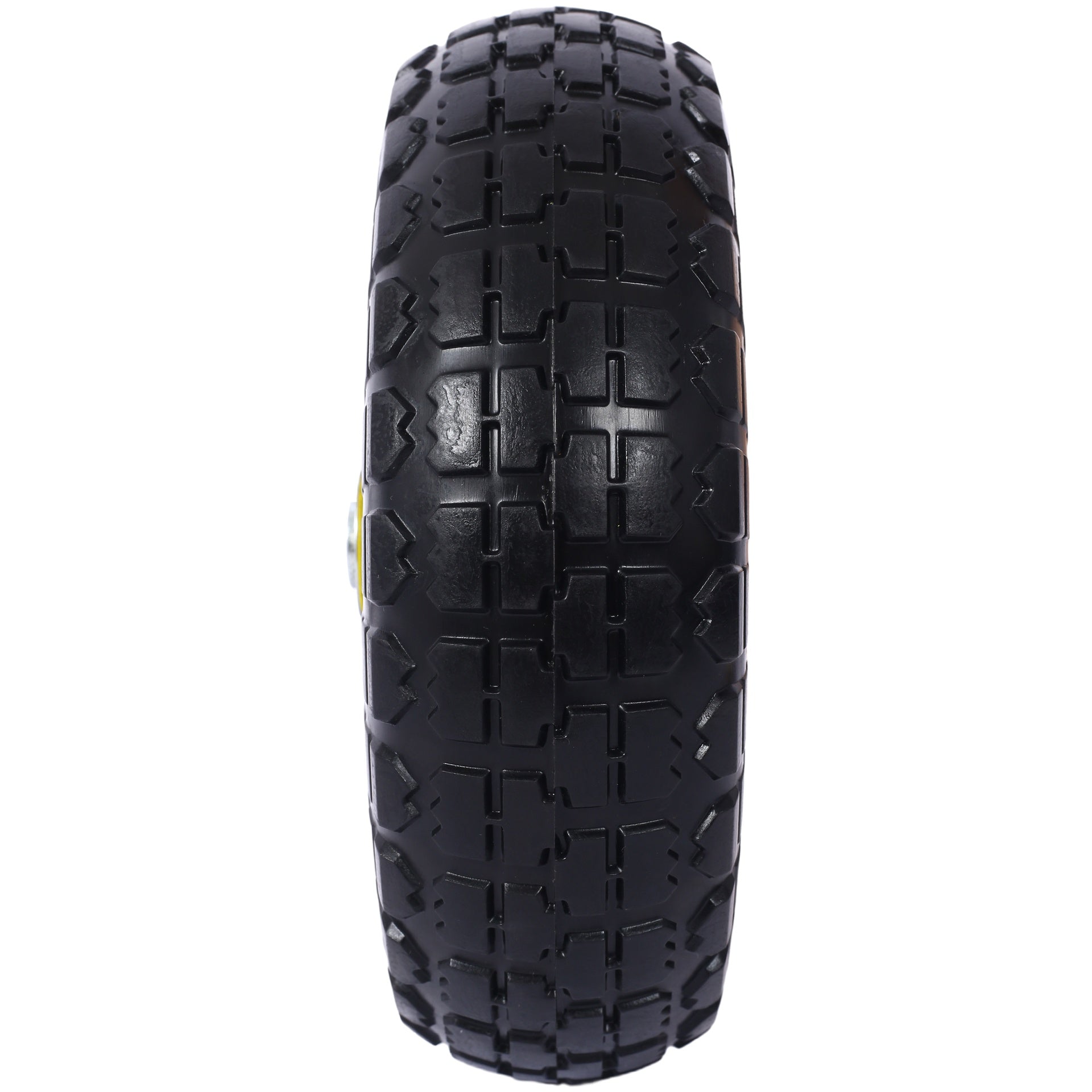 Heavy-Duty Flat free PU foam Tire and Wheel - 4.10/3.50-4",  10" Diameter, 5/8" Axle Bore Hole, 2.2" Offset Hub and Double Sealed Bearings for Hand Trucks Replacement, Black color with yellow rim