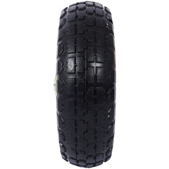 Heavy-Duty Flat free PU foam Tire and Wheel - 4.10/3.50-4",  10" Diameter, 5/8" Axle Bore Hole, 2.2" Offset Hub and Double Sealed Bearings for Hand Trucks Replacement, Black color with yellow rim