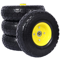 Heavy-Duty Flat free PU foam Tire and Wheel - 4.10/3.50-4",  10" Diameter, 5/8" Axle Bore Hole, 2.2" Offset Hub and Double Sealed Bearings for Hand Trucks Replacement, Black color with yellow rim
