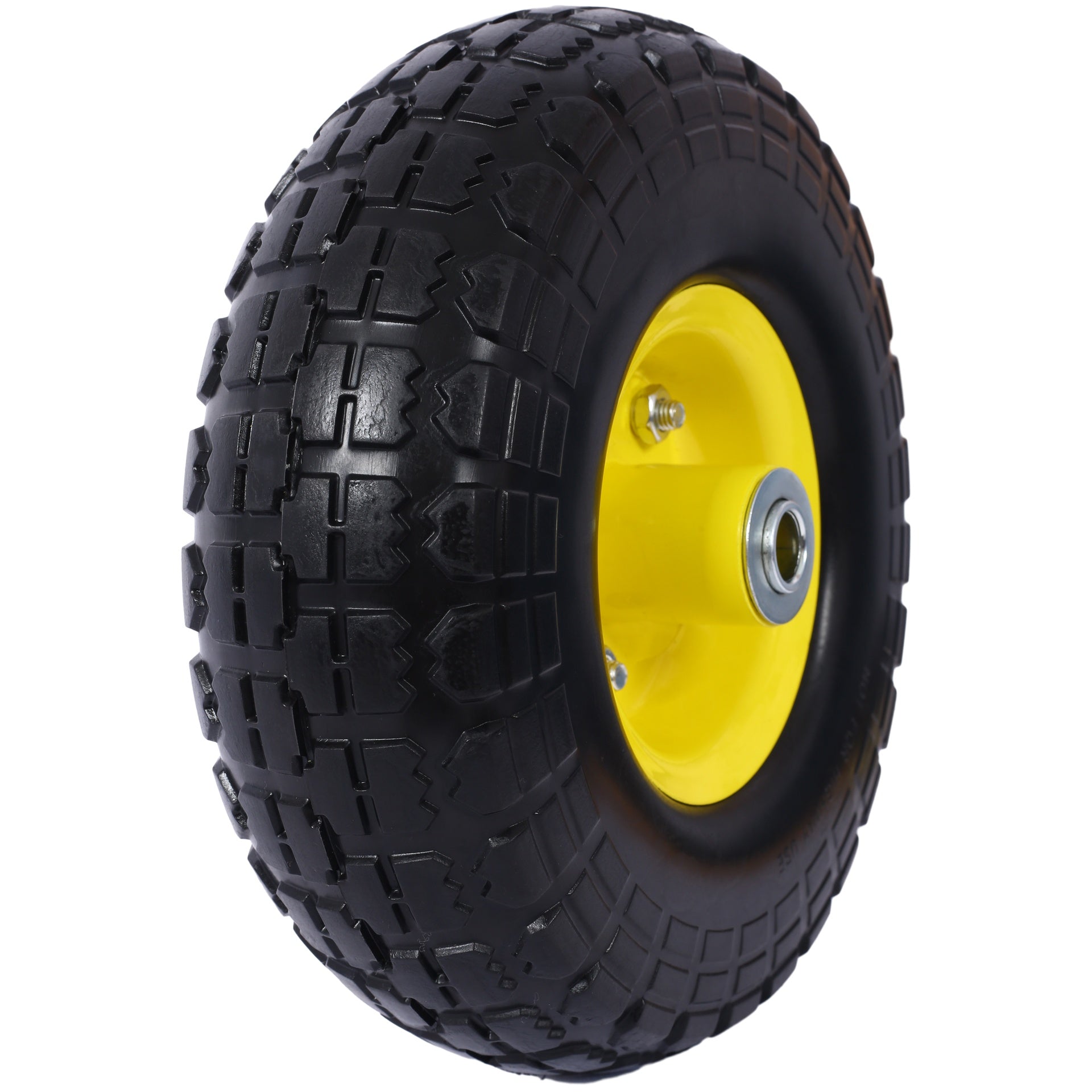 Heavy-Duty Flat free PU foam Tire and Wheel - 4.10/3.50-4",  10" Diameter, 5/8" Axle Bore Hole, 2.2" Offset Hub and Double Sealed Bearings for Hand Trucks Replacement, Black color with yellow rim