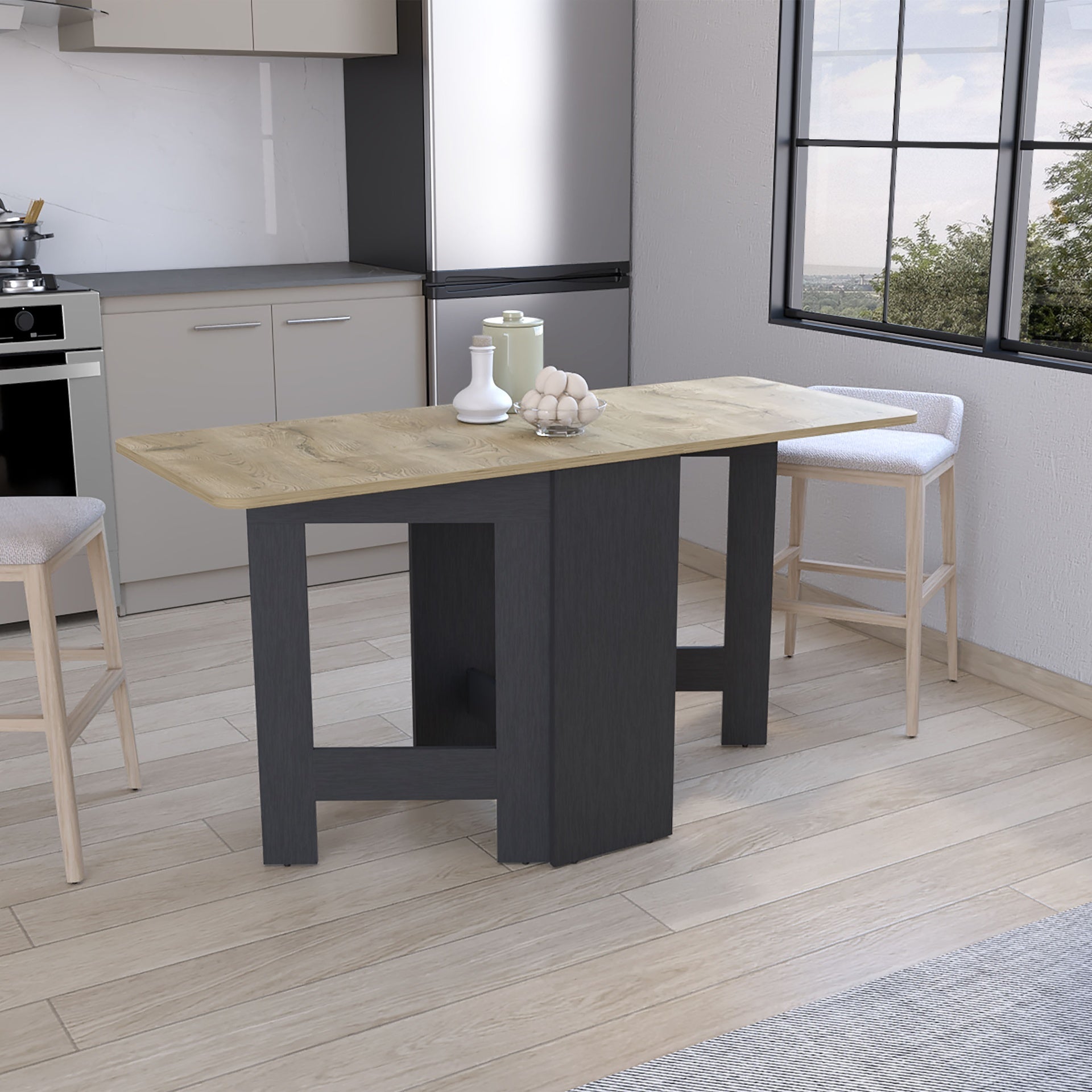 Folding Table with Expandable Design in 3 Forms, Black / Macadamia