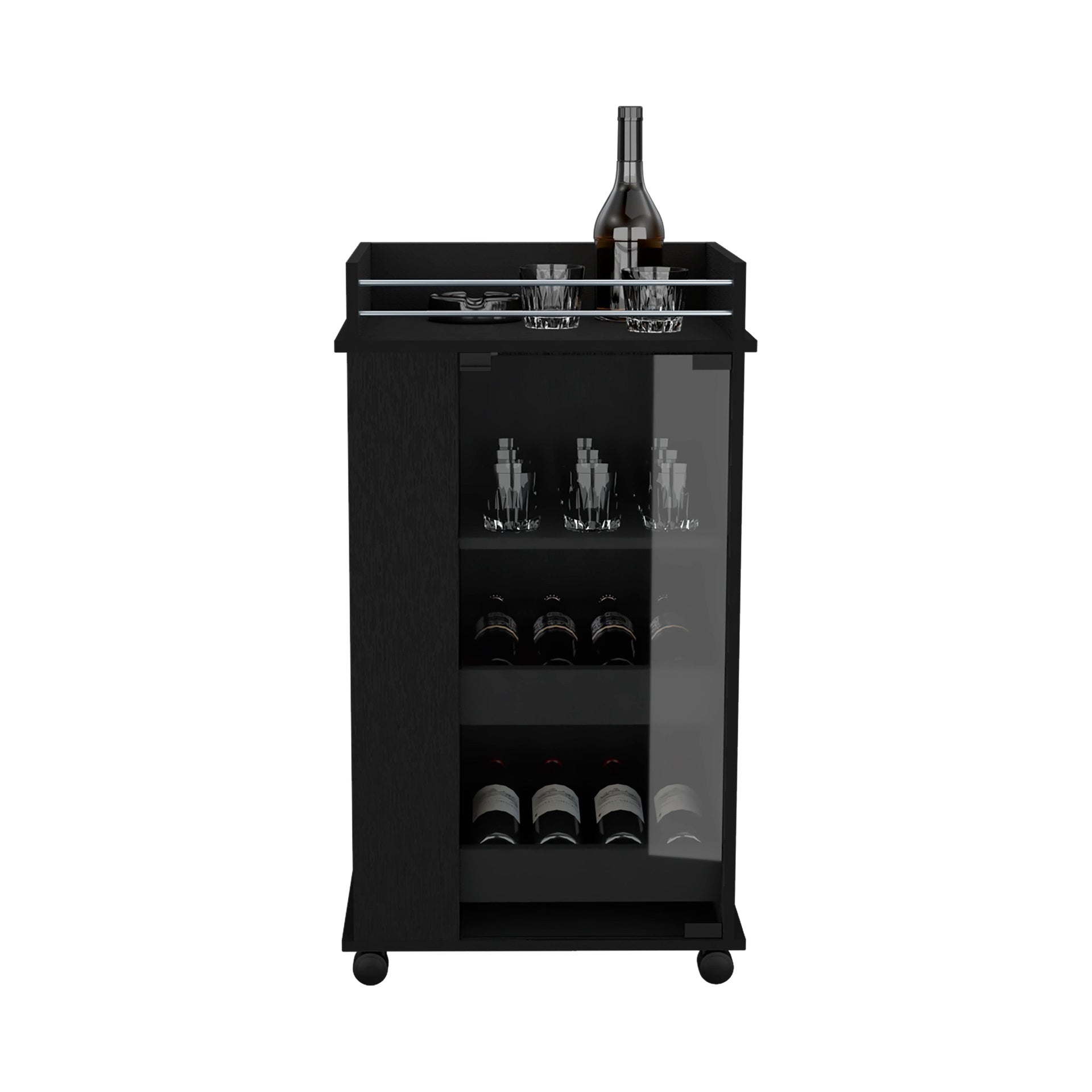 Bar Cart with Glass Door, 2-Side Shelves and Casters, Black