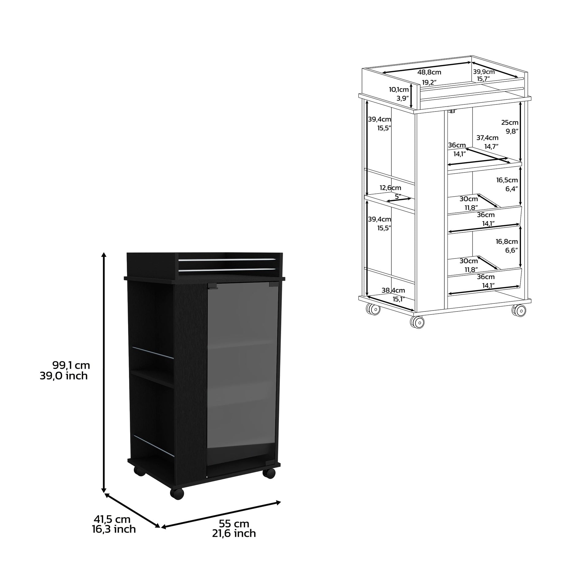 Bar Cart with Glass Door, 2-Side Shelves and Casters, Black