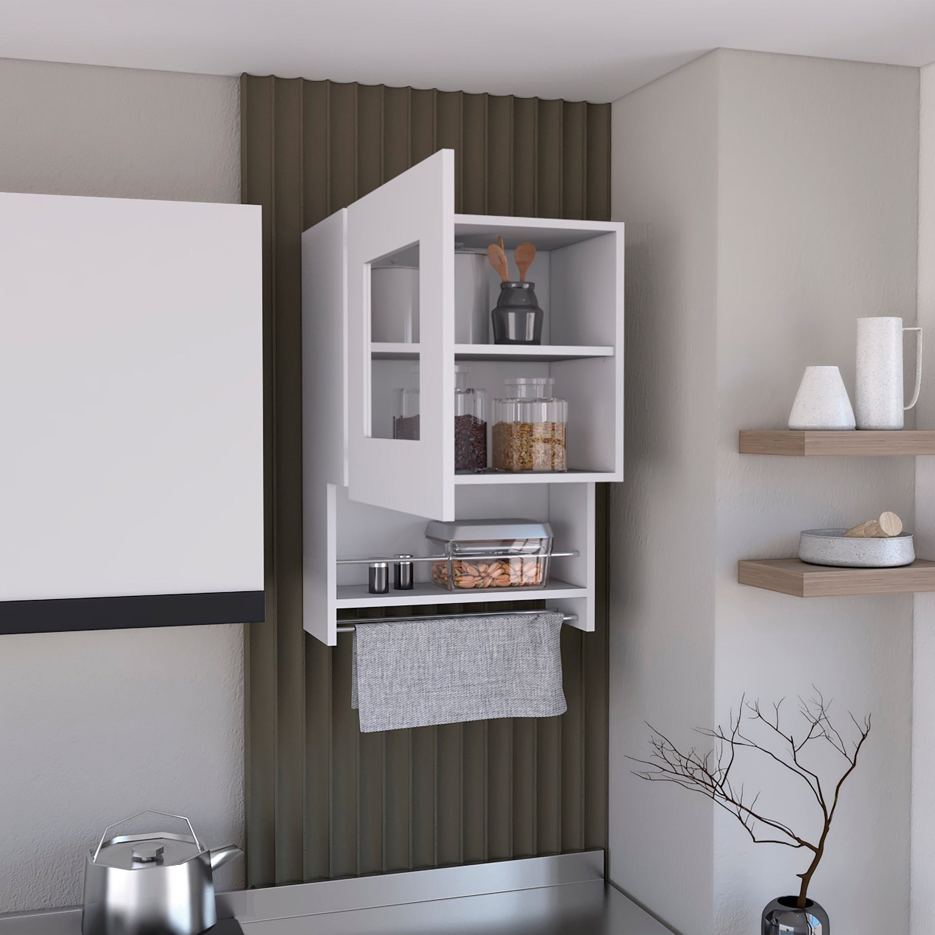 Kitchen wall cabinet 29" H, with towel rack and spice rack, one door, two internal shelves, white