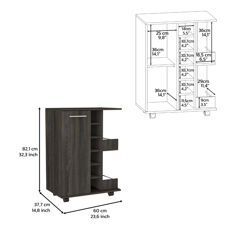32" H carbon espresso bar-coffee cart, cabinet storage, with 4 wheels, 1 divided storage with 1 shelf, 1 folding door, a central vertical division for 6 bottles and 2 side shelves with aluminum front