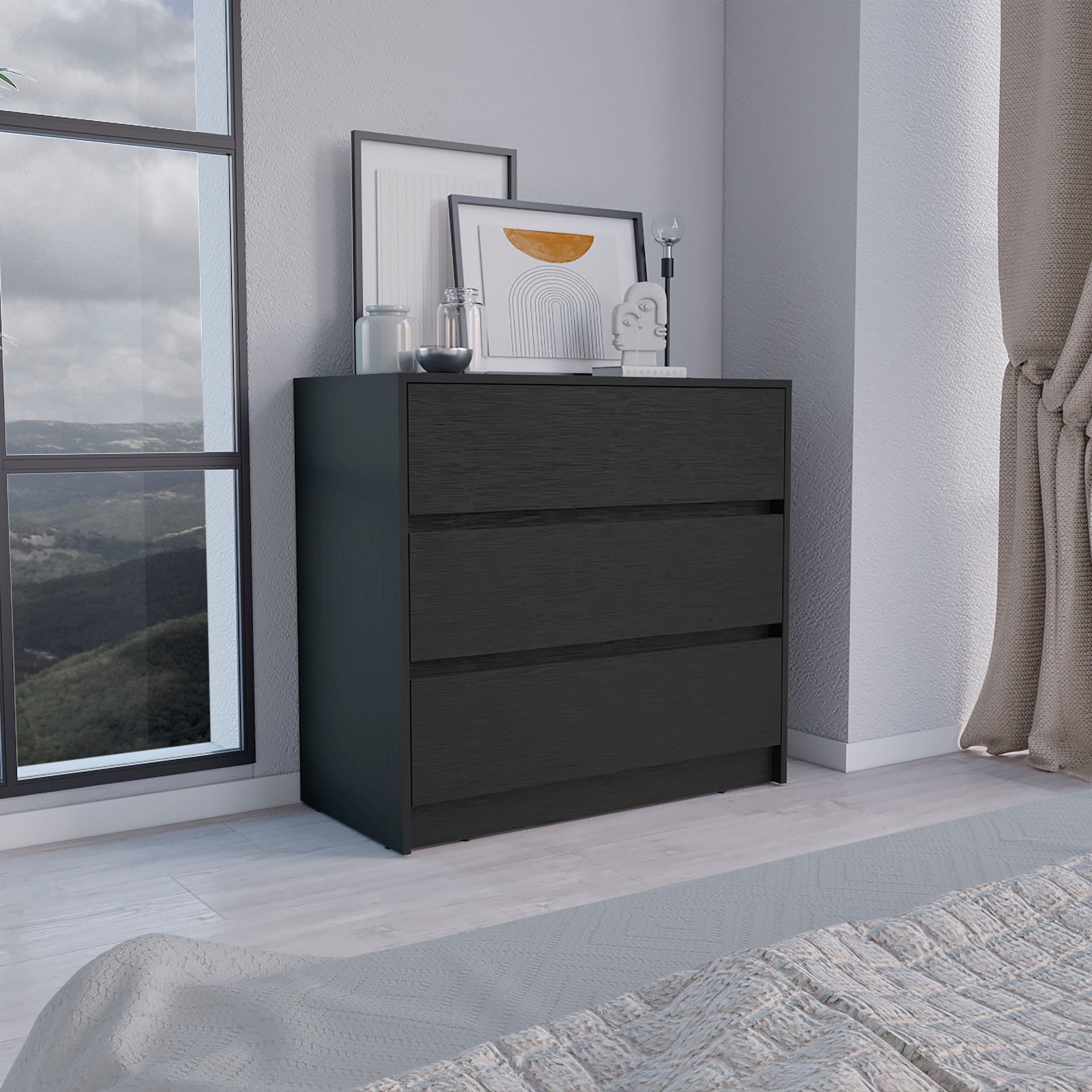Dresser 31"H, 3 Drawers, Chest of Drawers, Black