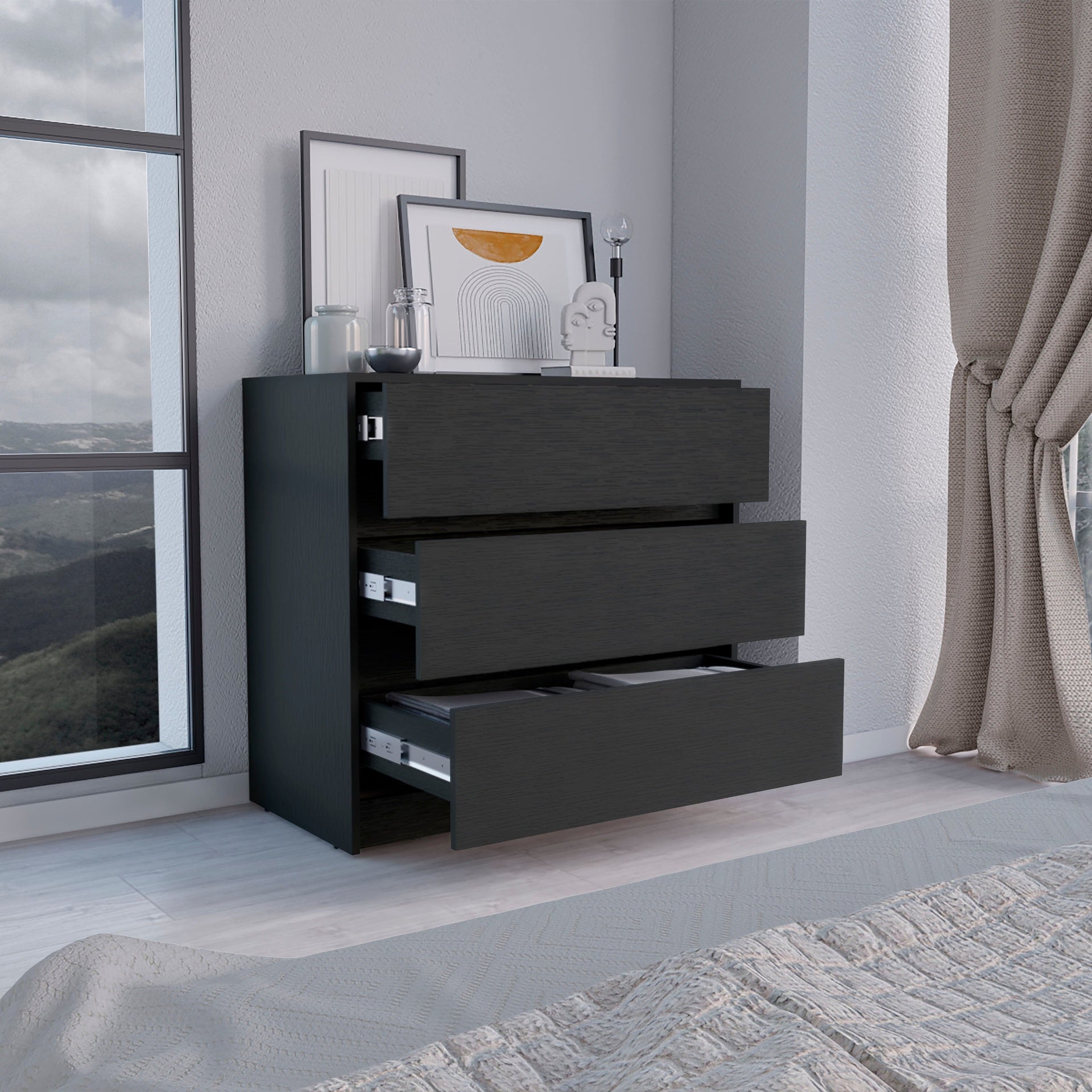 Dresser 31"H, 3 Drawers, Chest of Drawers, Black