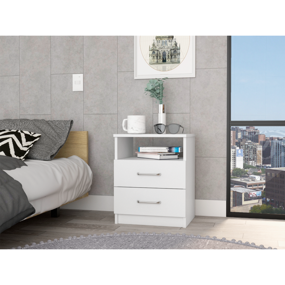 Nightstand 20"H, Two Drawers, Open Shelf, Superior Top, White