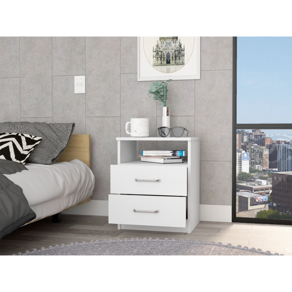 Nightstand 20"H, Two Drawers, Open Shelf, Superior Top, White