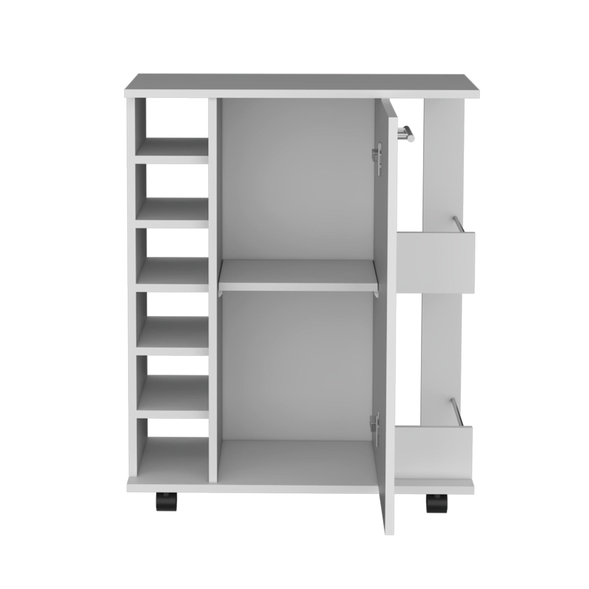 White 4-wheel bar cart cabinet for kitchen or living room, with 6 side built-in bottle racks, 1 interior shelve, 2 side shelves, 2 space with wood door to store glasses, cups, coffee or snacks.