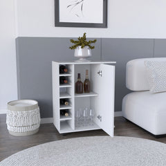 White 4-wheel bar cart cabinet for kitchen or living room, with 6 side built-in bottle racks, 1 interior shelve, 2 side shelves, 2 space with wood door to store glasses, cups, coffee or snacks.