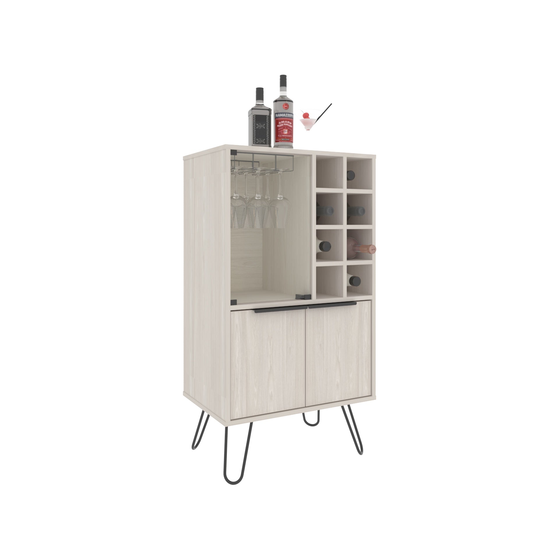 Bar Cabinet 43.1" H, with 2 Doors, 9 Shelves, and 1 Glass Panel, White Washed Oak