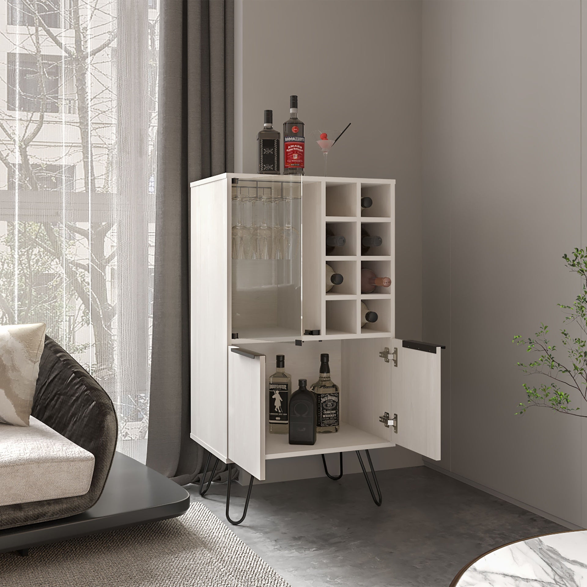 Bar Cabinet 43.1" H, with 2 Doors, 9 Shelves, and 1 Glass Panel, White Washed Oak