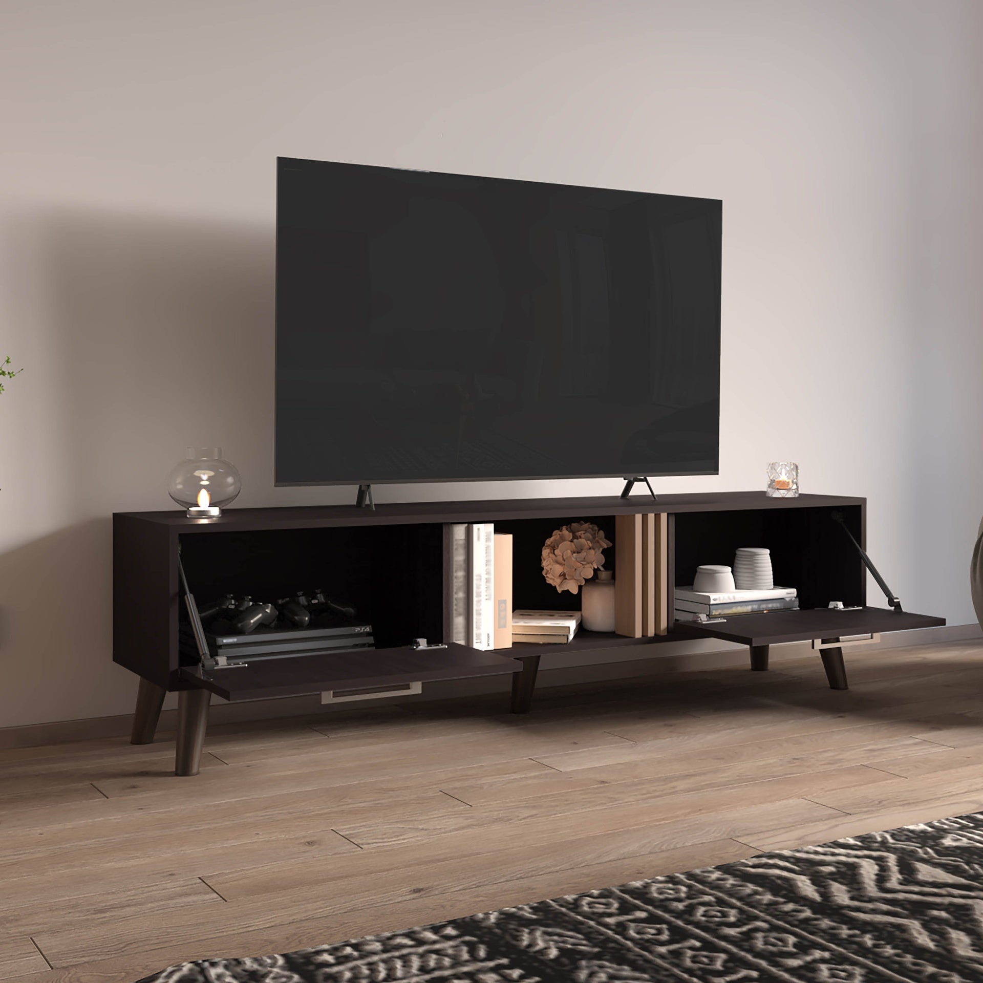 TV Stand, 2 Doors, 1 Shelf, Black / Natural Oak