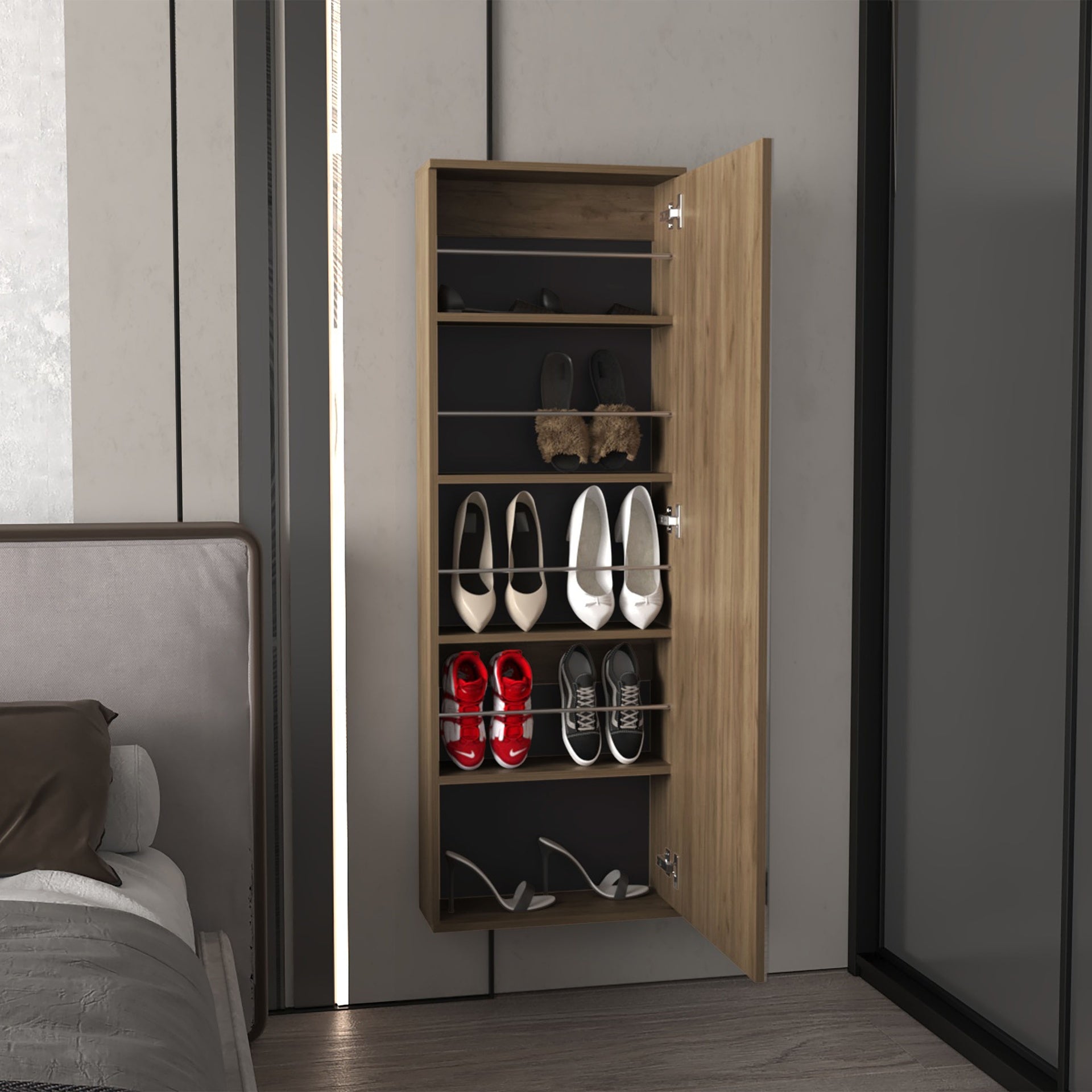 Wall Shoe Rack 54" H, One Mirror, One Door, Five Internal Storage Shelves, Approximate Capacity for Ten Shoes
