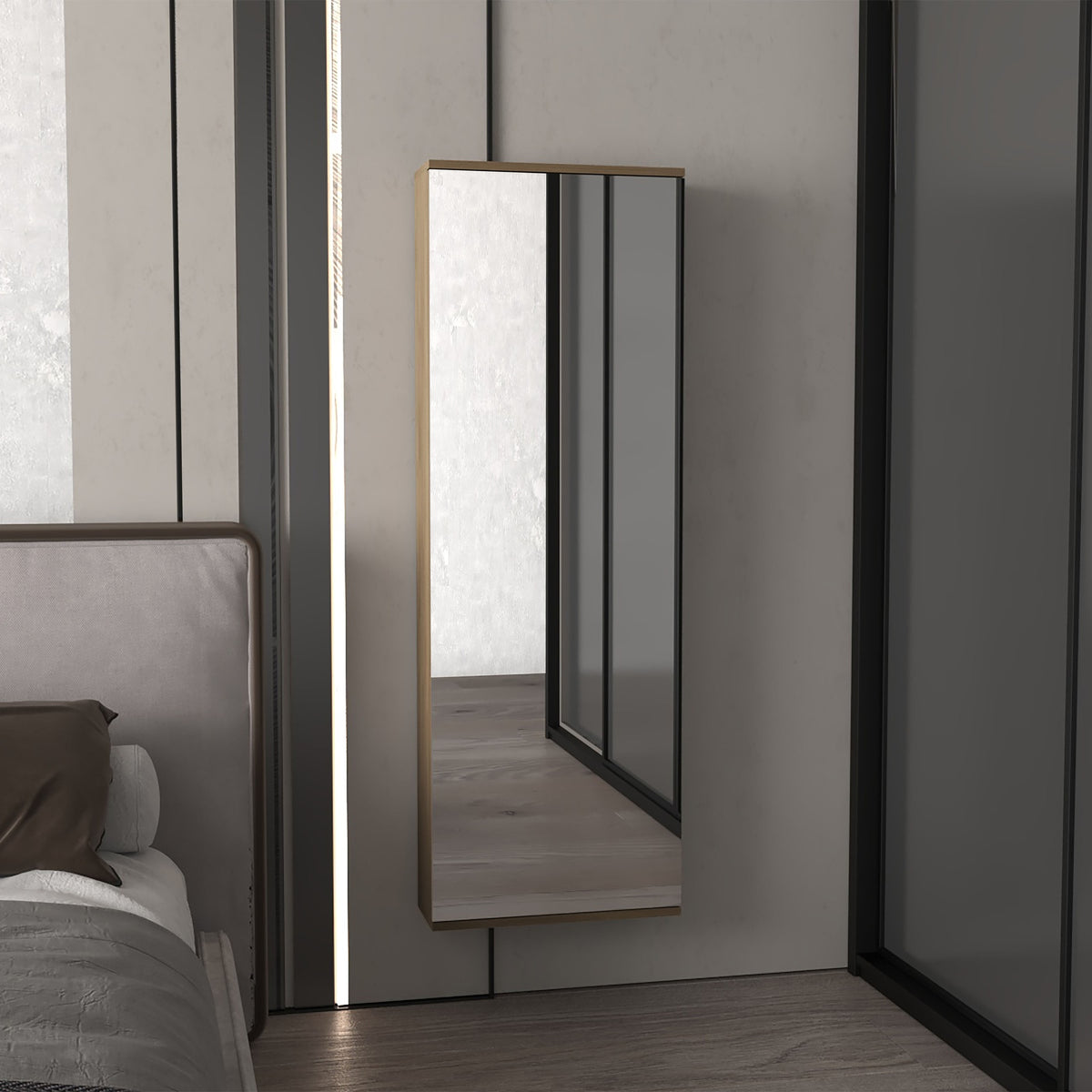 Wall Shoe Rack 54" H, One Mirror, One Door, Five Internal Storage Shelves, Approximate Capacity for Ten Shoes