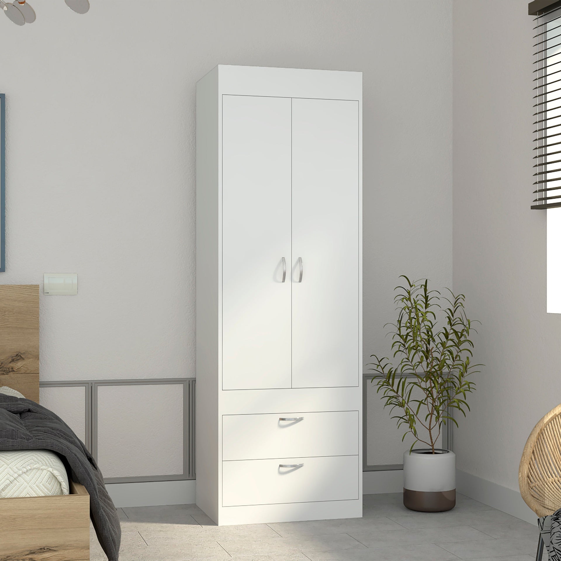 Armoire 70H inch, Double Door Cabinet, Two Drawers, Metal Handles, Rod, White