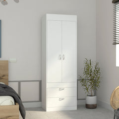 Armoire 70H inch, Double Door Cabinet, Two Drawers, Metal Handles, Rod, White