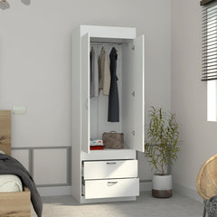 Armoire 70H inch, Double Door Cabinet, Two Drawers, Metal Handles, Rod, White