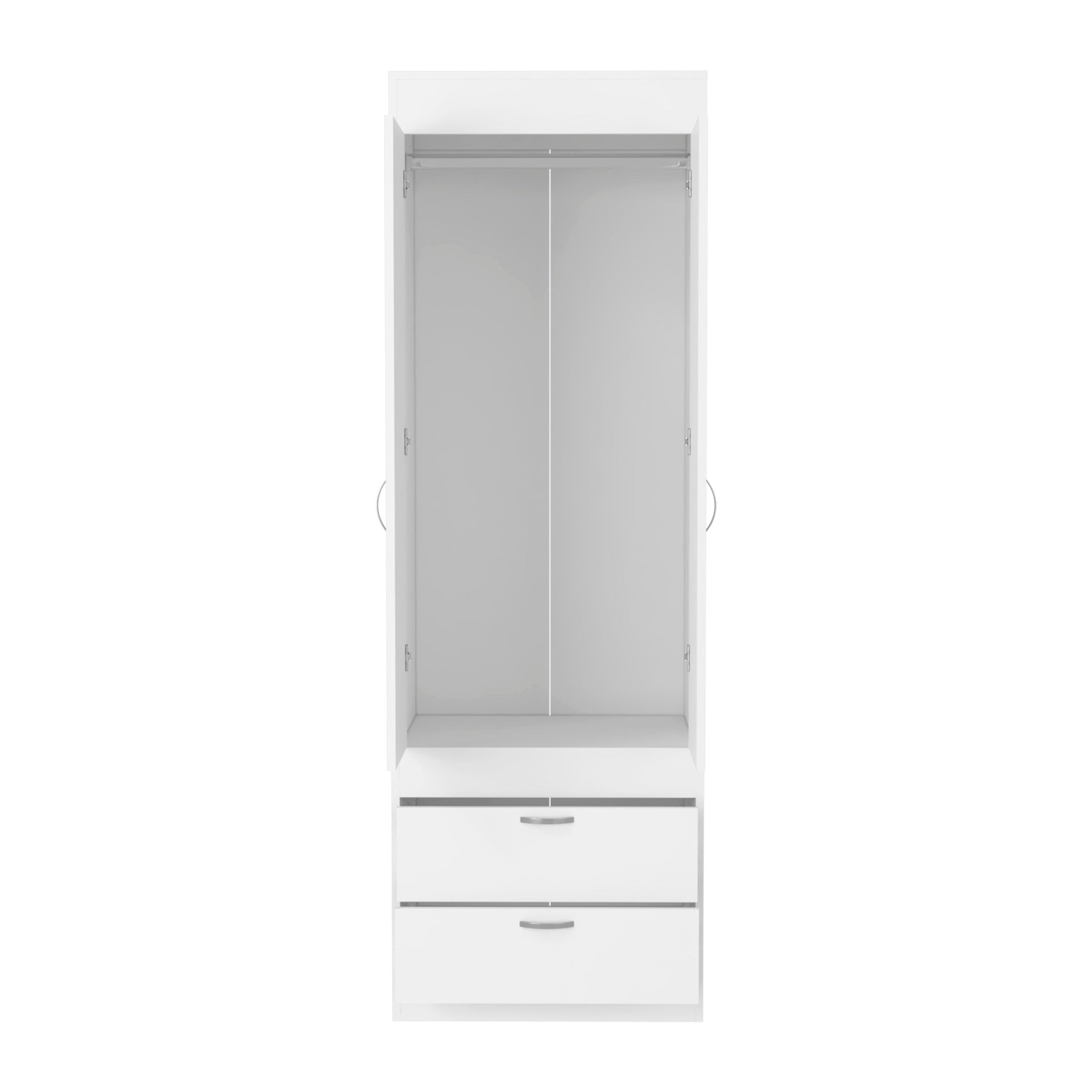 Armoire 70H inch, Double Door Cabinet, Two Drawers, Metal Handles, Rod, White