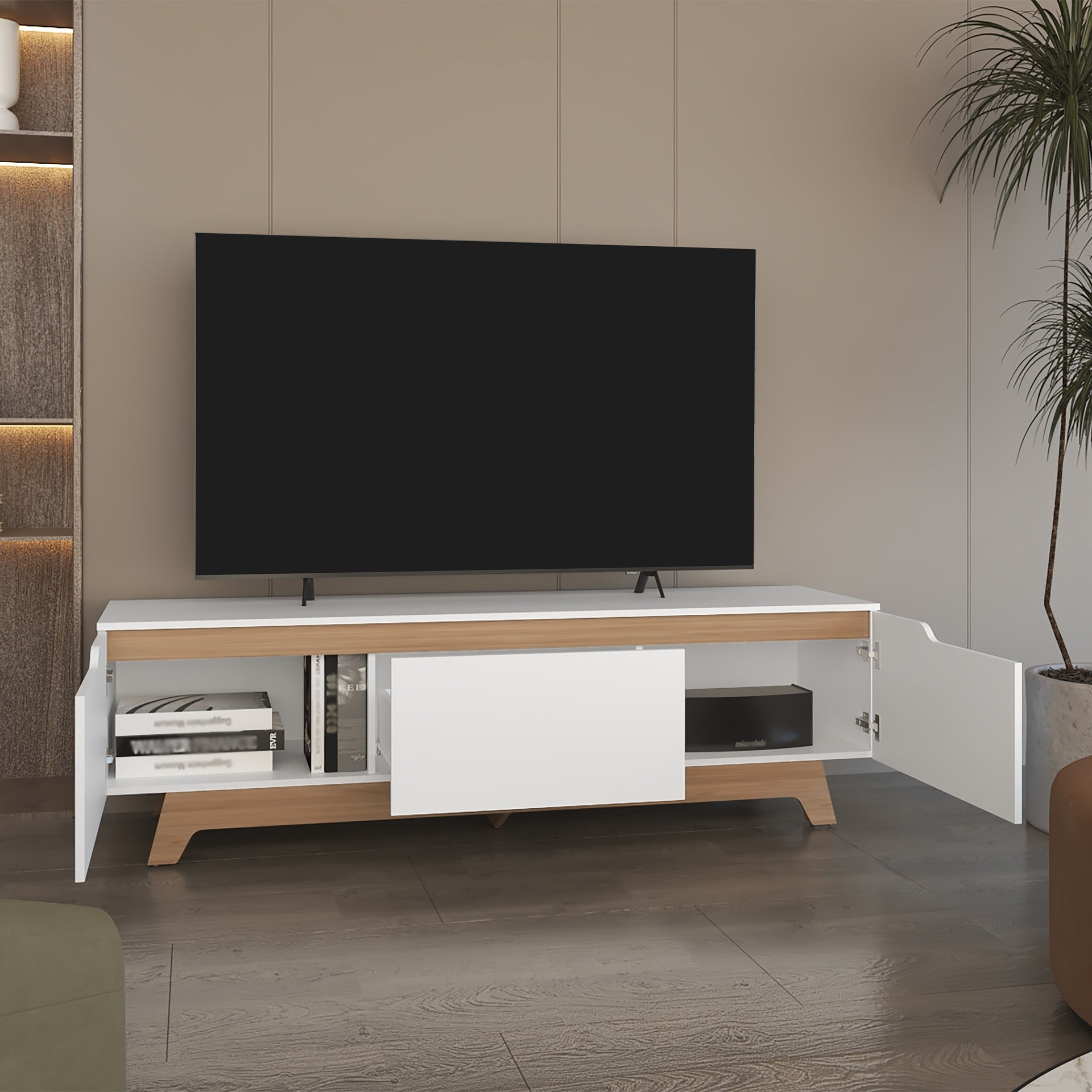 TV Stand, 2 Doors, 1 Drawer, White / Natural Oak