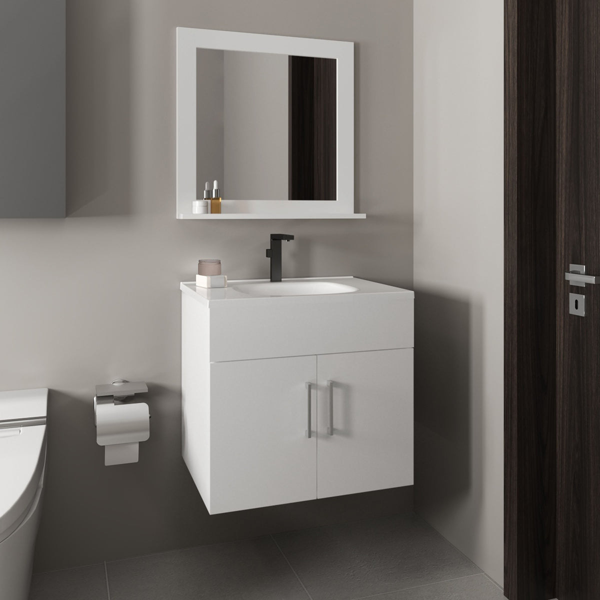Bathroom Set, Vanity Sink + Mirror, 2 Doors, 1 Shelf, 1 Mirror, White