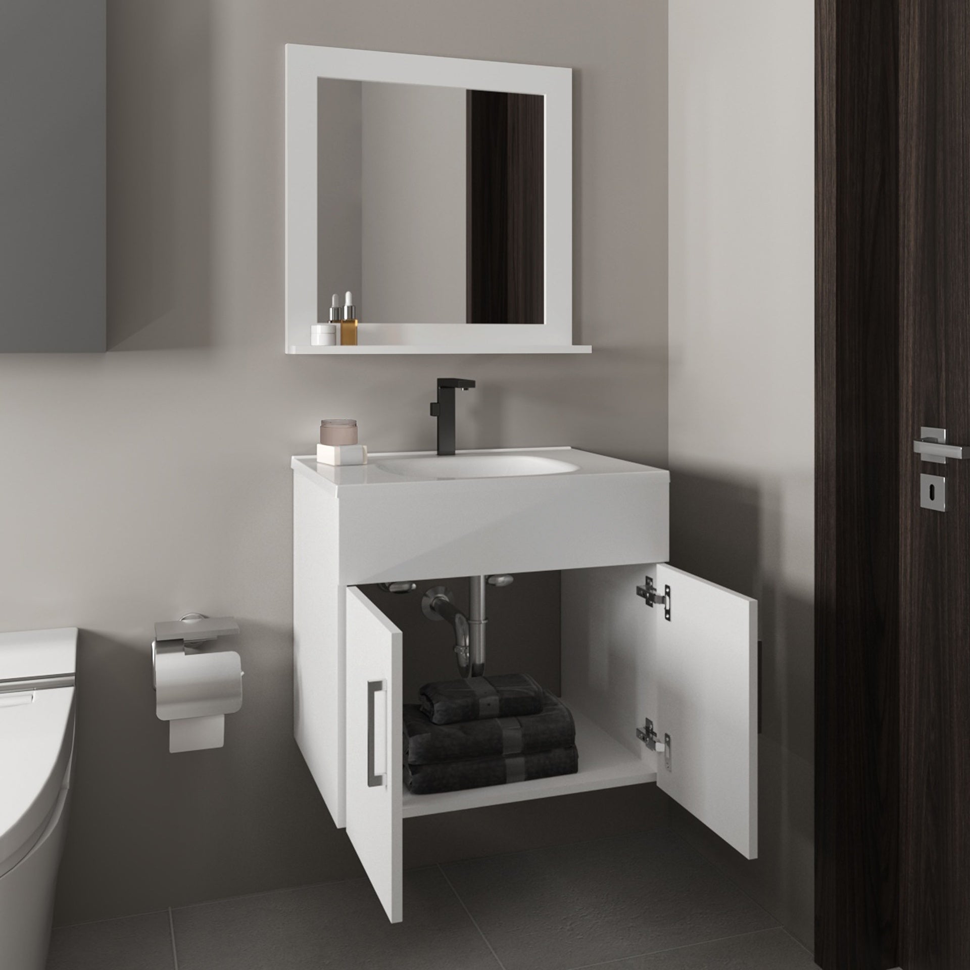 Bathroom Set, Vanity Sink + Mirror, 2 Doors, 1 Shelf, 1 Mirror, White