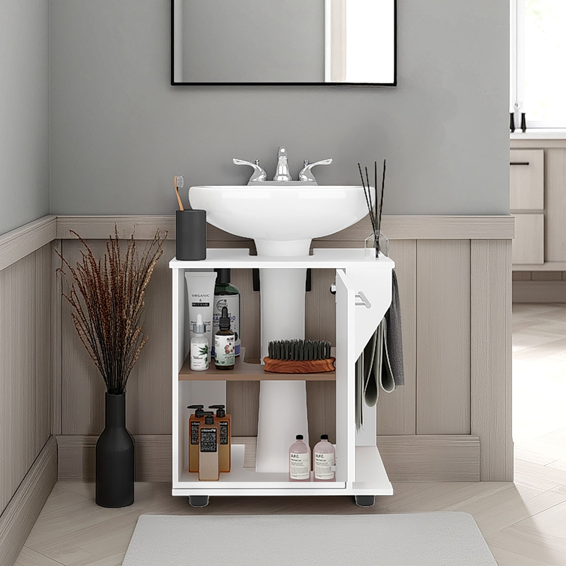 Under Sink Storage 24.4" H, 1 Door, 2 Shelves, 4 Legs, White - Bathroom