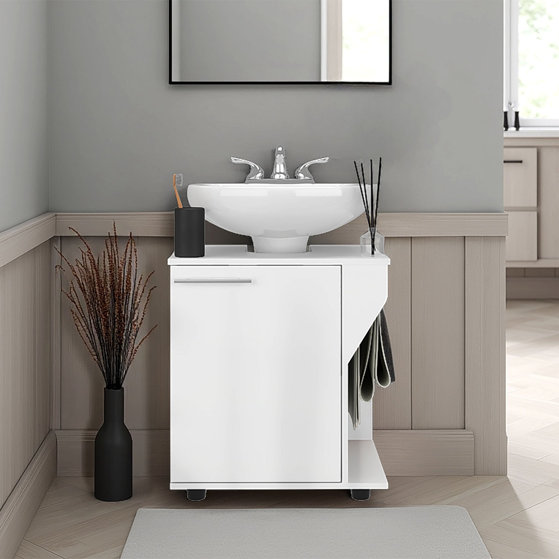 Under Sink Storage 24.4" H, 1 Door, 2 Shelves, 4 Legs, White - Bathroom