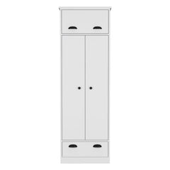 Dresser-closet with upper storage covered with 1 door, 2 central shelves, 1 tube for hanging clothes covered by 2 doors, 1 drawer at the bottom, White