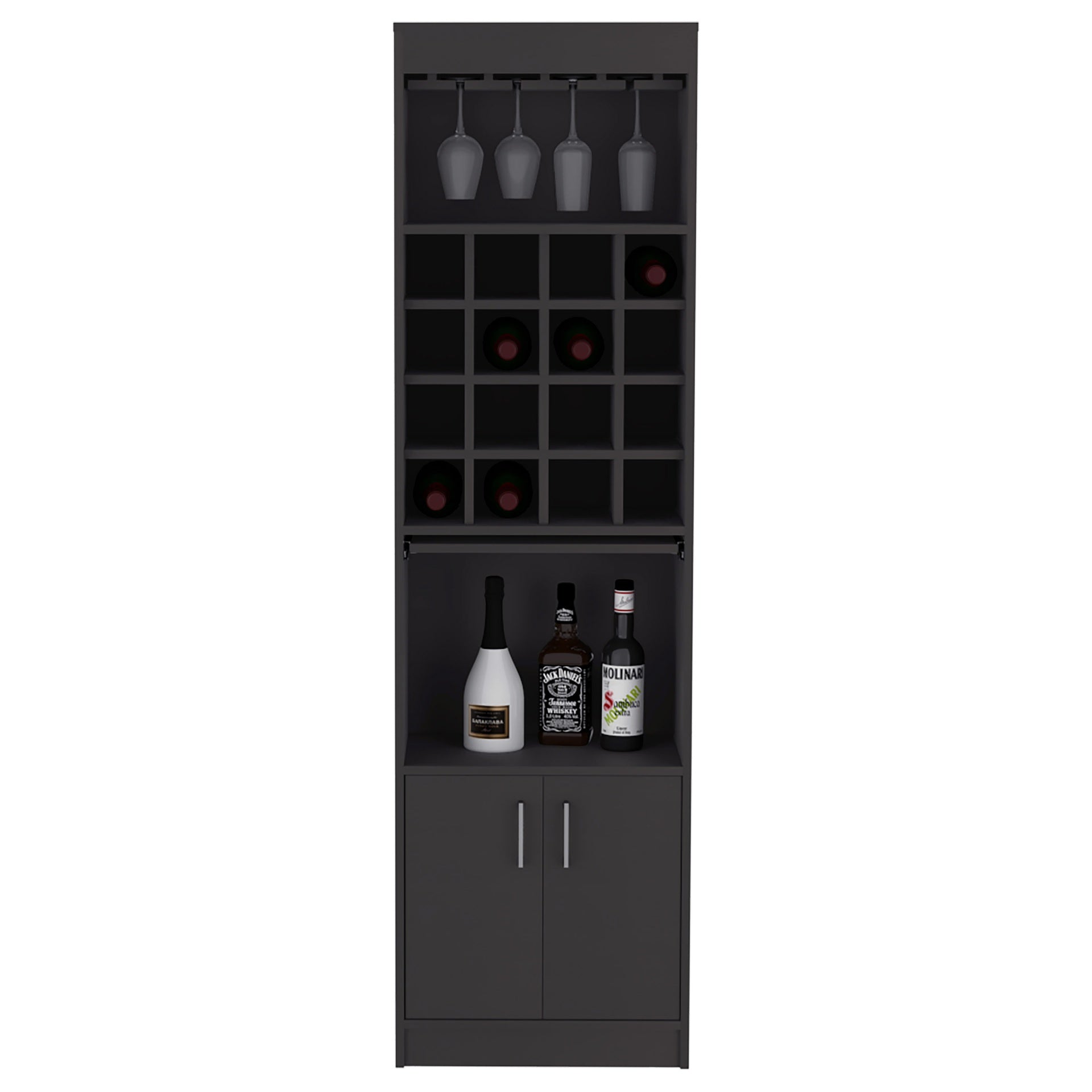 Kava Bar Cabinet, 16 Built-in Wine Rack, Two Door Cabinet, Two Shelves, Black