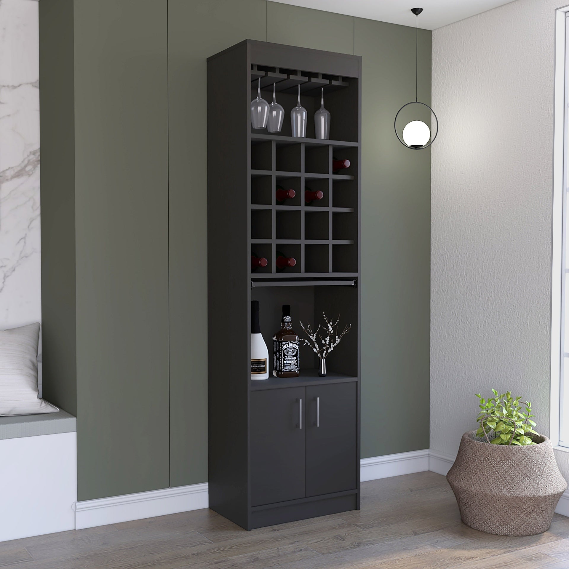 Kava Bar Cabinet, 16 Built-in Wine Rack, Two Door Cabinet, Two Shelves, Black
