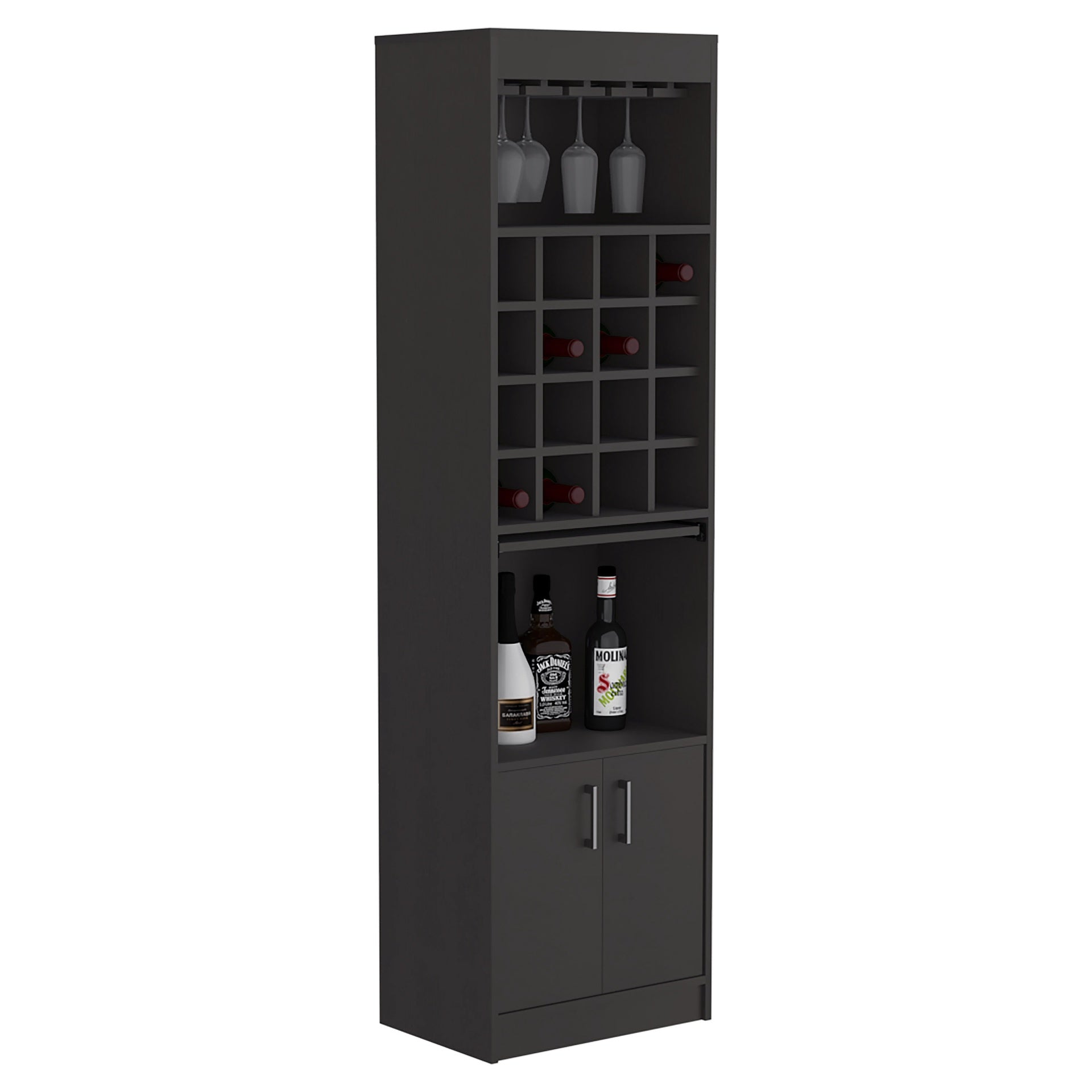 Kava Bar Cabinet, 16 Built-in Wine Rack, Two Door Cabinet, Two Shelves, Black