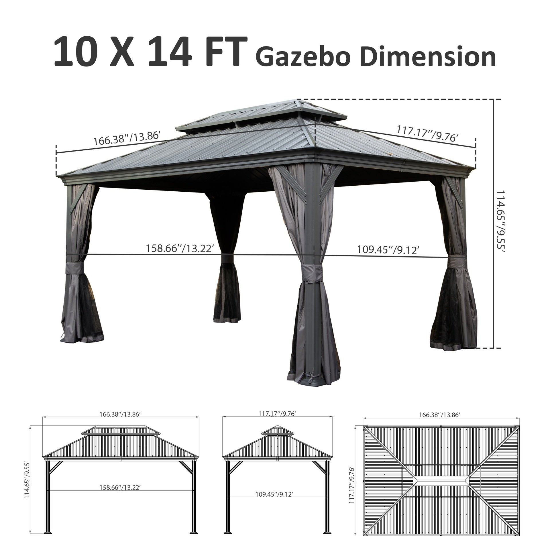 10' X 14' Hardtop Gazebo, Upgraded Metal Gazebo with Drainage System, Dual-Layer Galvanized Steel Roof, Curtain and Netting, Outdoor Shelter Canopy for Patio, Garden, and Backyard, Grey