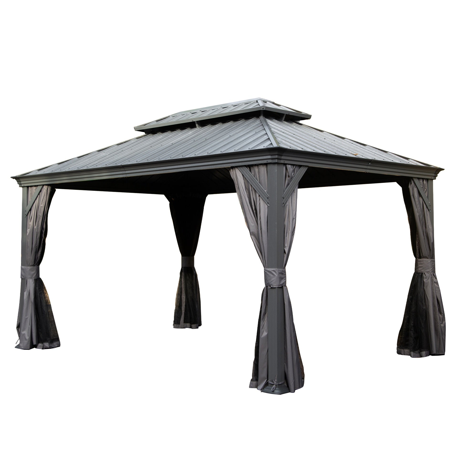 10' X 14' Hardtop Gazebo, Upgraded Metal Gazebo with Drainage System, Dual-Layer Galvanized Steel Roof, Curtain and Netting, Outdoor Shelter Canopy for Patio, Garden, and Backyard, Grey