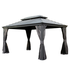 10' X 14' Hardtop Gazebo, Upgraded Metal Gazebo with Drainage System, Dual-Layer Galvanized Steel Roof, Curtain and Netting, Outdoor Shelter Canopy for Patio, Garden, and Backyard, Grey