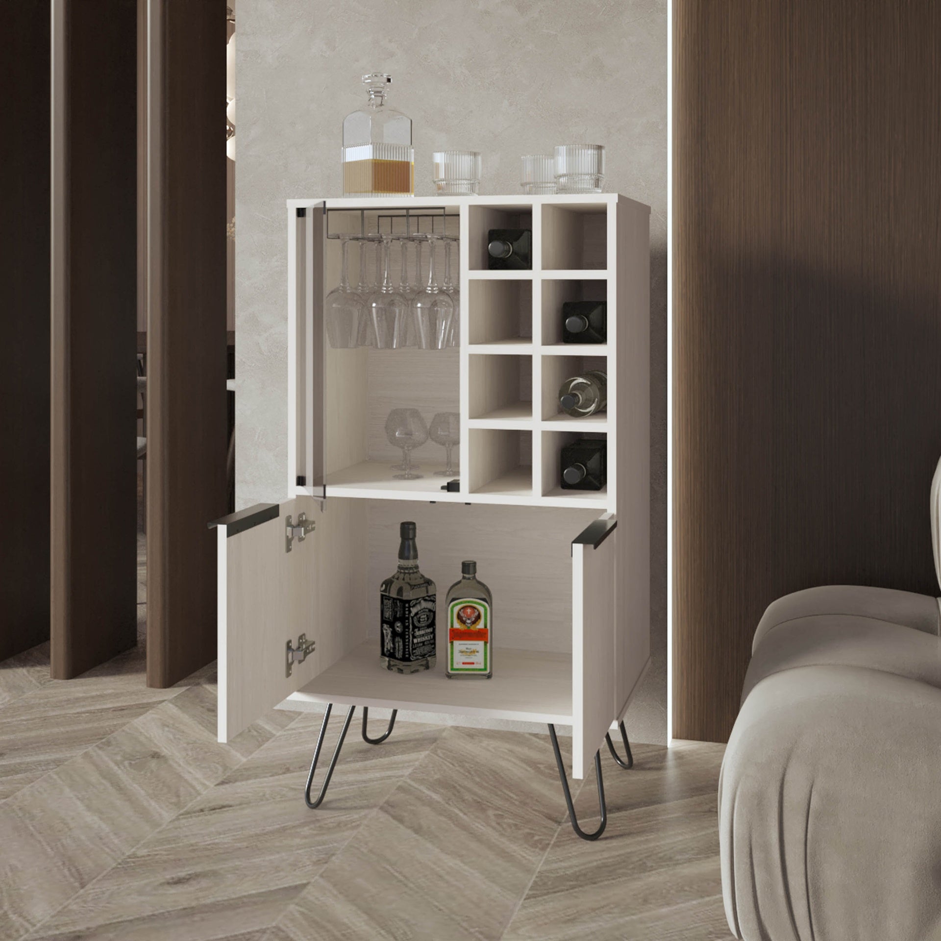 Fairfax Bar Cabinet in melamine with glass rack and wine storage,white