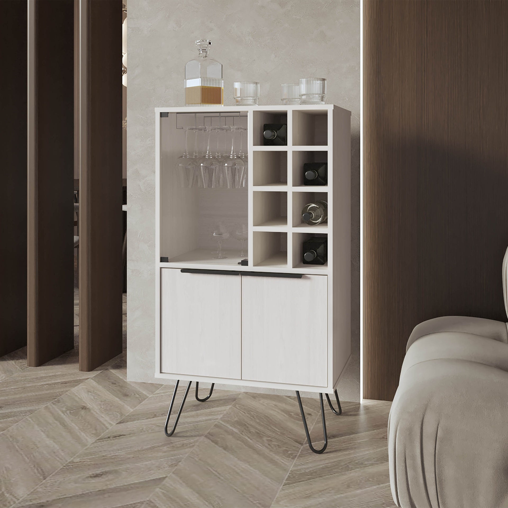 Fairfax Bar Cabinet in melamine with glass rack and wine storage,white