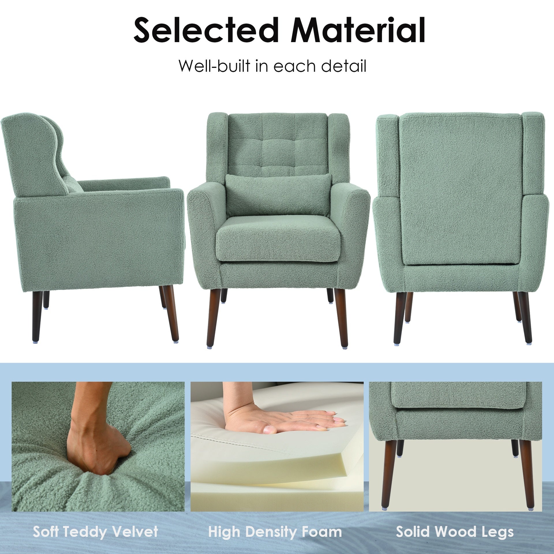 Modern Accent Chair,Teddy Fabric Living Room Chairs Comfy Reading Chair,Mid Century Accent Chair, Lounge Arm Chairs Armchair for Living Room Bedroom (Light Green)
