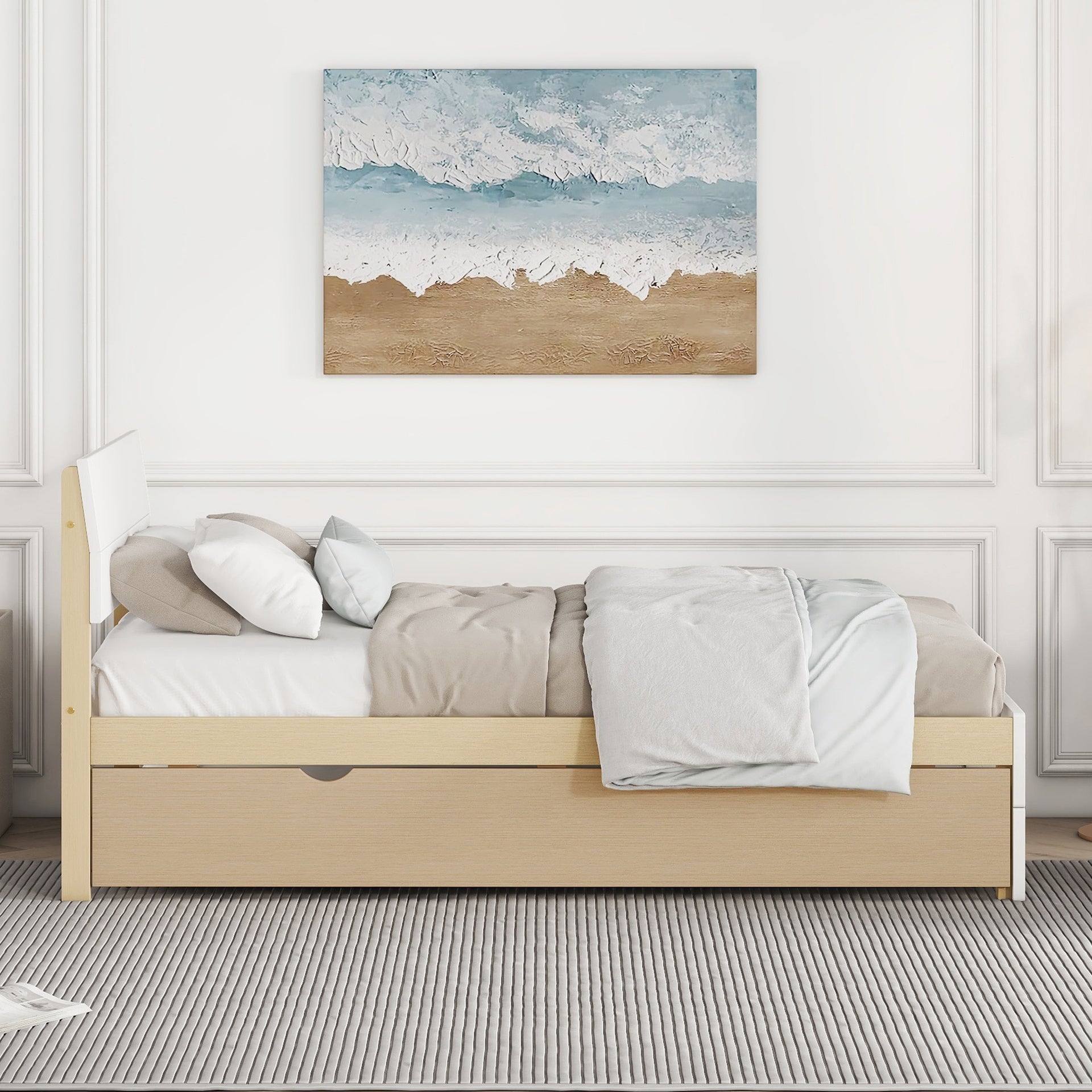 Modern Twin Bed Frame For White High Gloss Headboard and Footboard With Light Oak Trundle