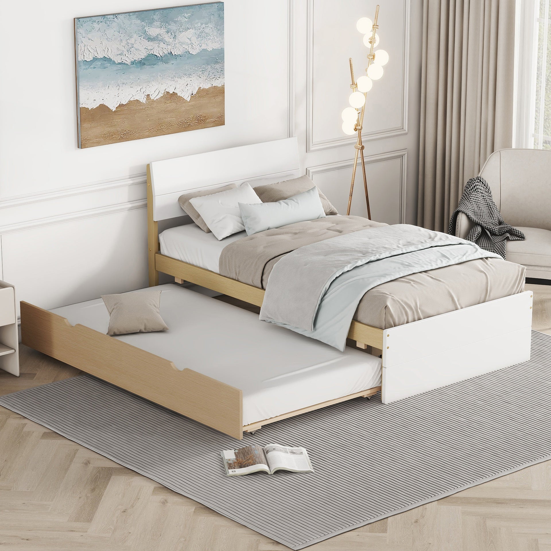 Modern Twin Bed Frame For White High Gloss Headboard and Footboard With Light Oak Trundle
